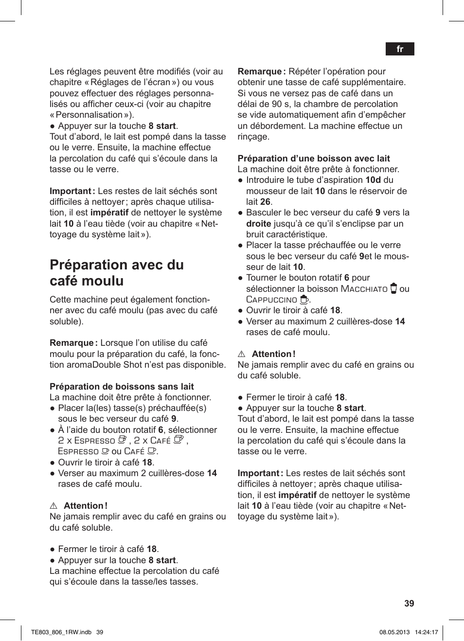 Préparation avec du café moulu | Siemens TE803209RW User Manual | Page 43 / 160