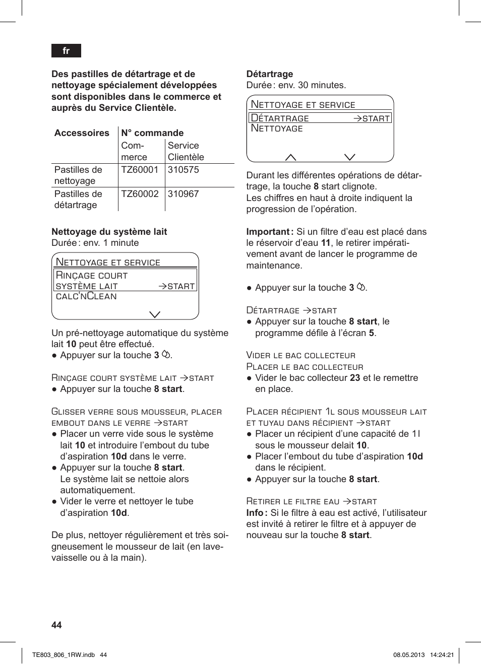 Nettoyage et service rinçage court système lait, Start calc‘nclean, Nettoyage et service détartrage | Start nettoyage | Siemens TE803209RW User Manual | Page 48 / 160