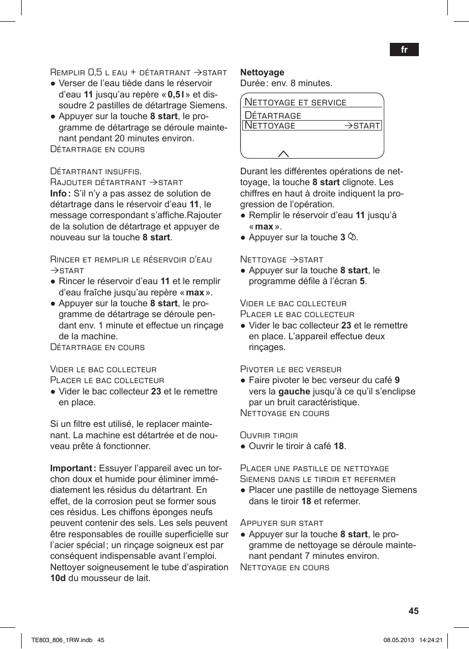 Nettoyage et service détartrage nettoyage, Start | Siemens TE803209RW User Manual | Page 49 / 160