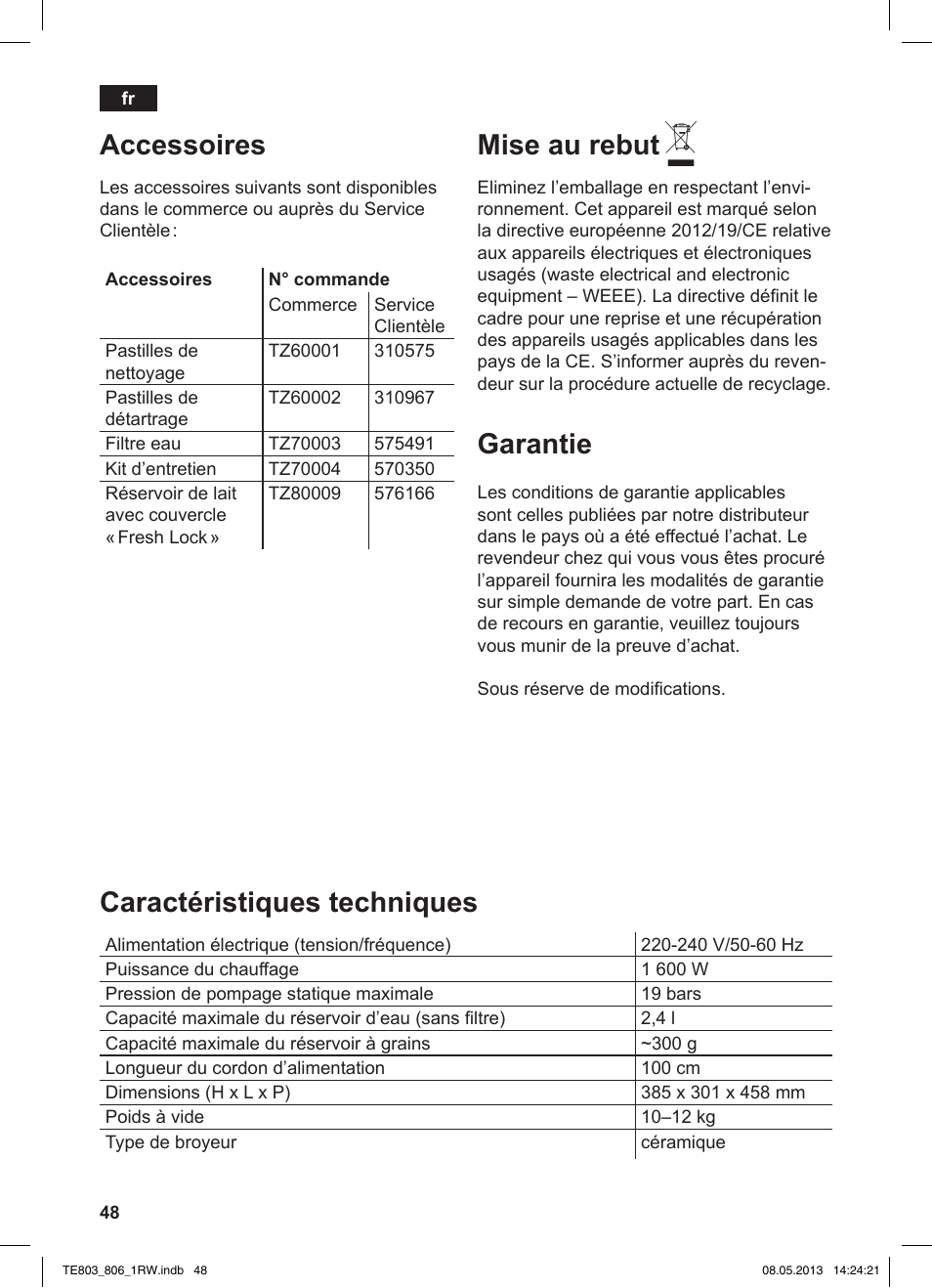 Accessoires, Mise au rebut, Garantie | Caractéristiques techniques | Siemens TE803209RW User Manual | Page 52 / 160