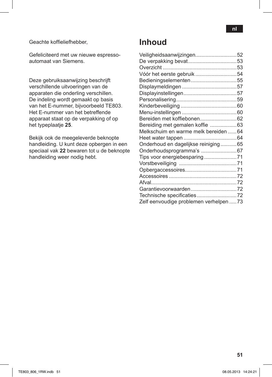 Inhoud | Siemens TE803209RW User Manual | Page 55 / 160