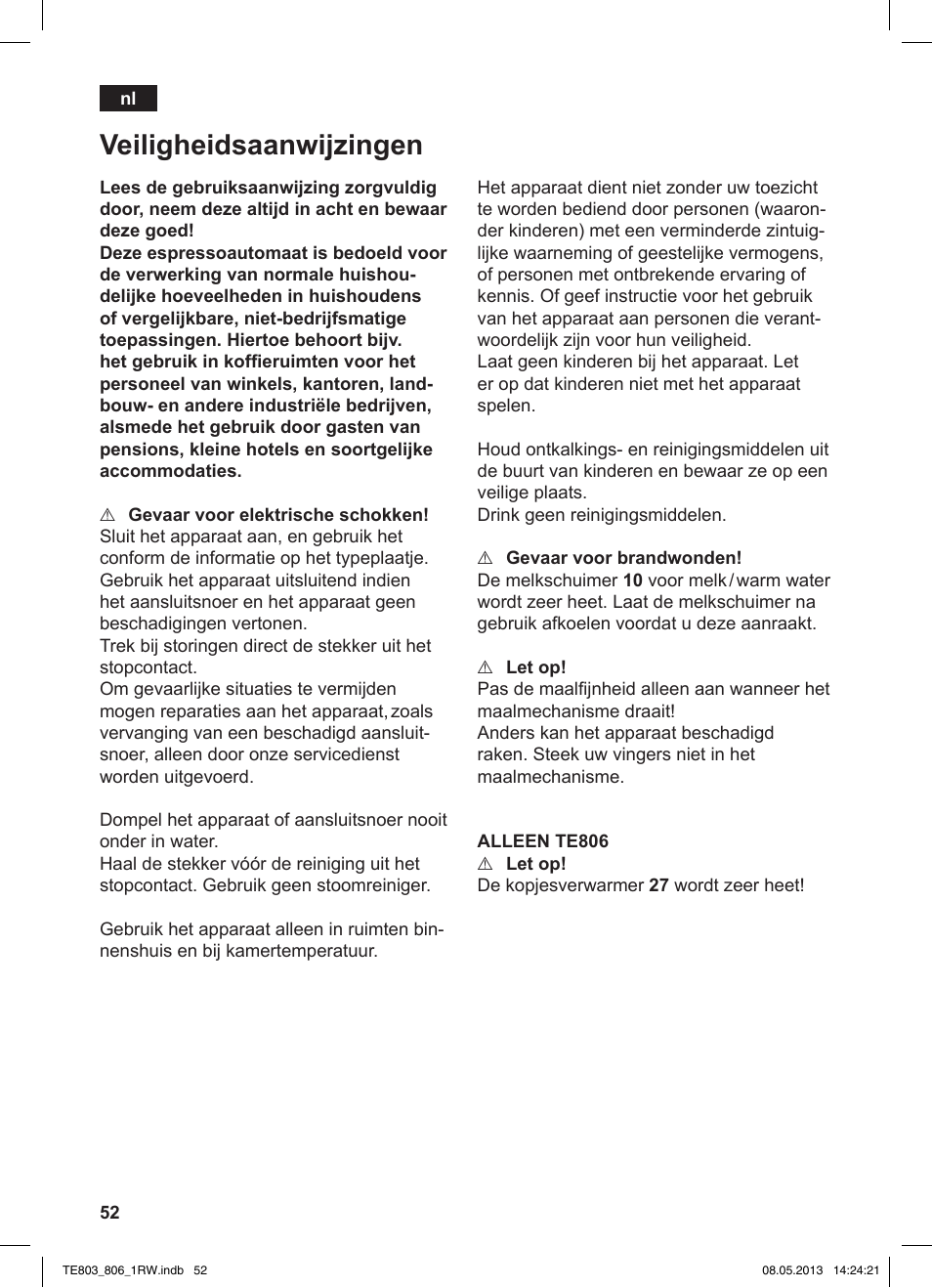 Veiligheidsaanwijzingen | Siemens TE803209RW User Manual | Page 56 / 160