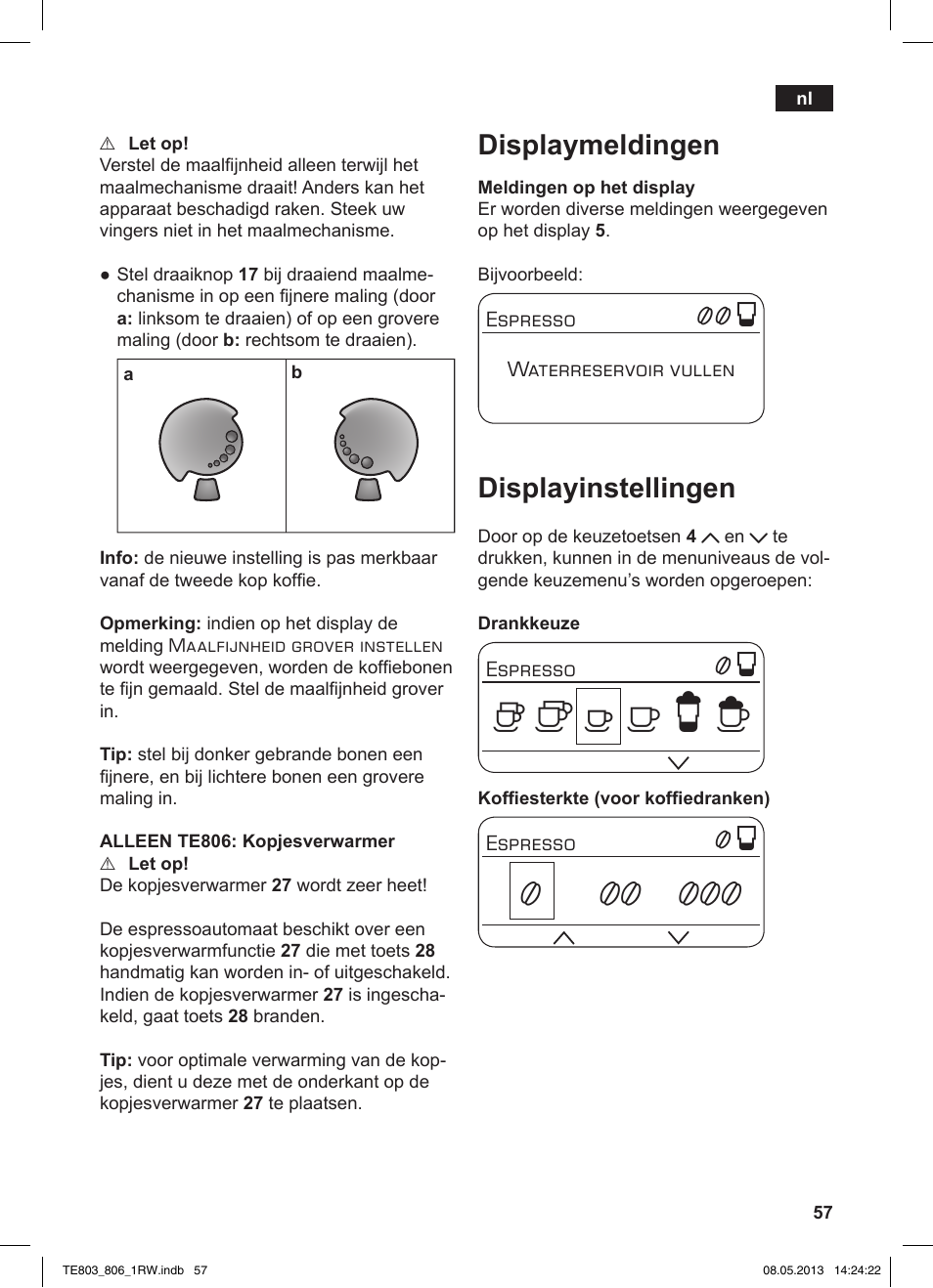 Displaymeldingen, Displayinstellingen | Siemens TE803209RW User Manual | Page 61 / 160