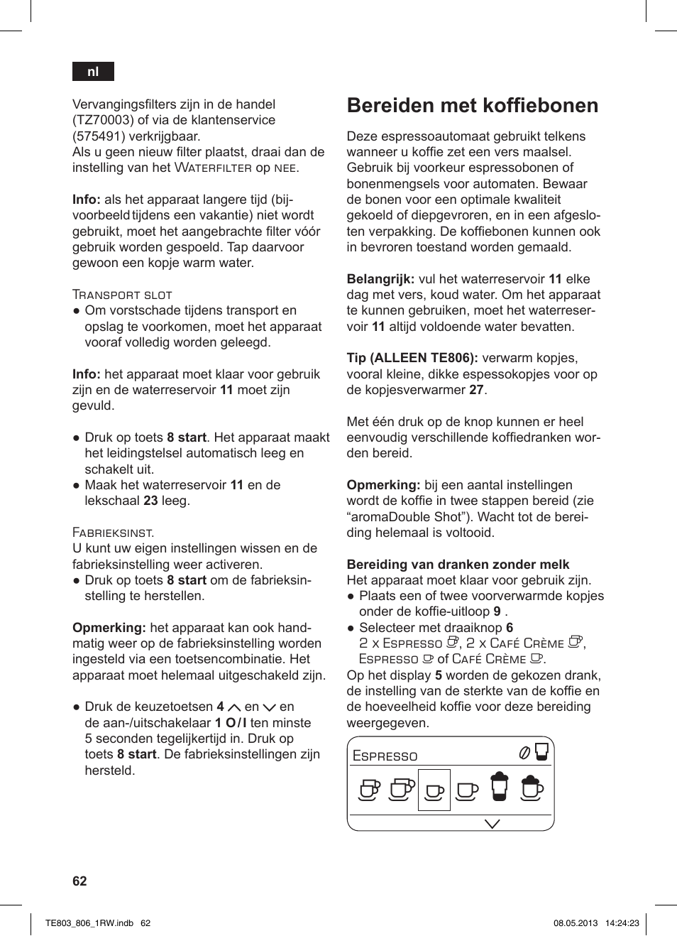 Bereiden met koffiebonen | Siemens TE803209RW User Manual | Page 66 / 160