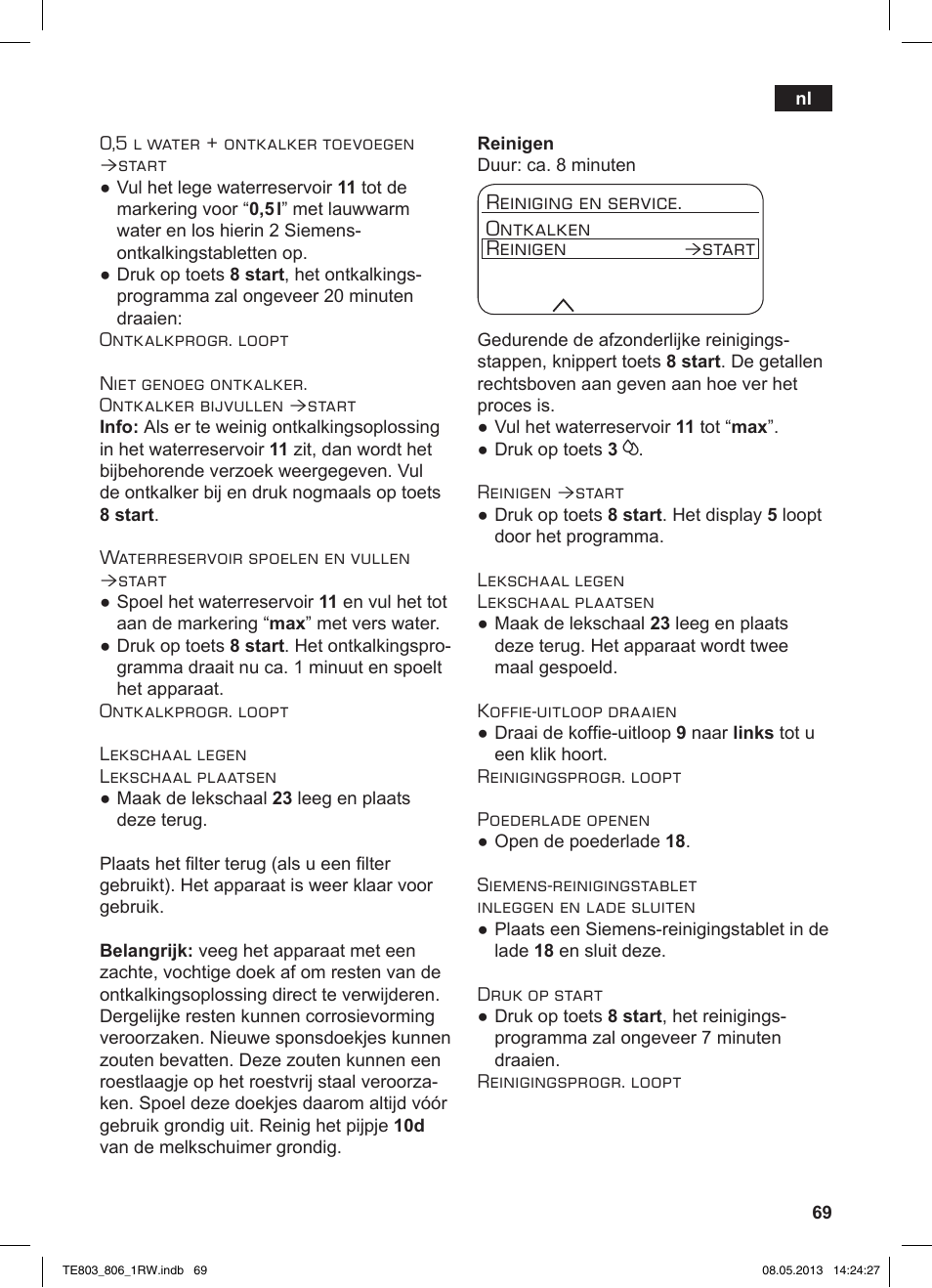 Reiniging en service. ontkalken reinigen, Start | Siemens TE803209RW User Manual | Page 73 / 160