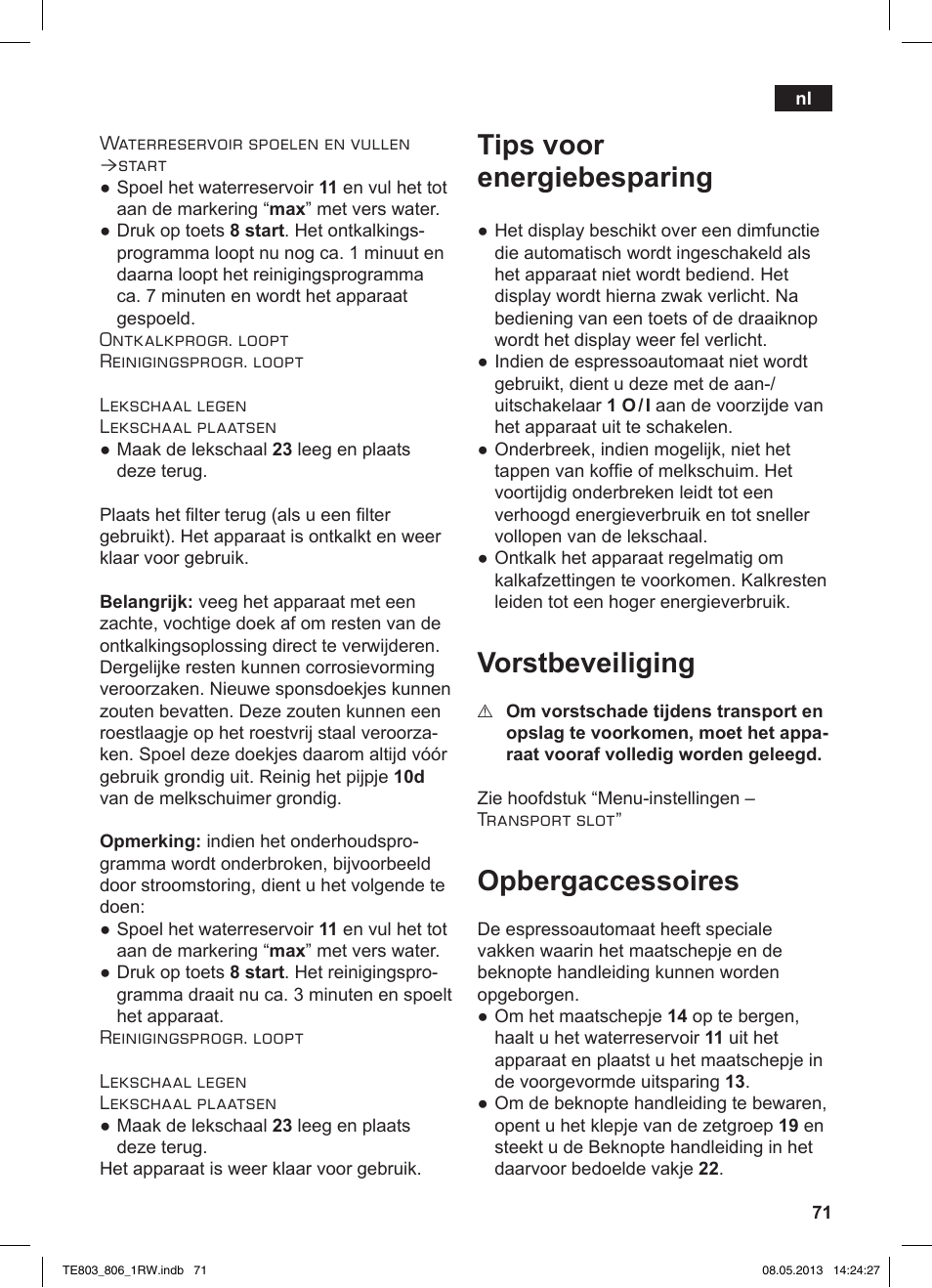 Tips voor energiebesparing, Vorstbeveiliging, Opbergaccessoires | Siemens TE803209RW User Manual | Page 75 / 160