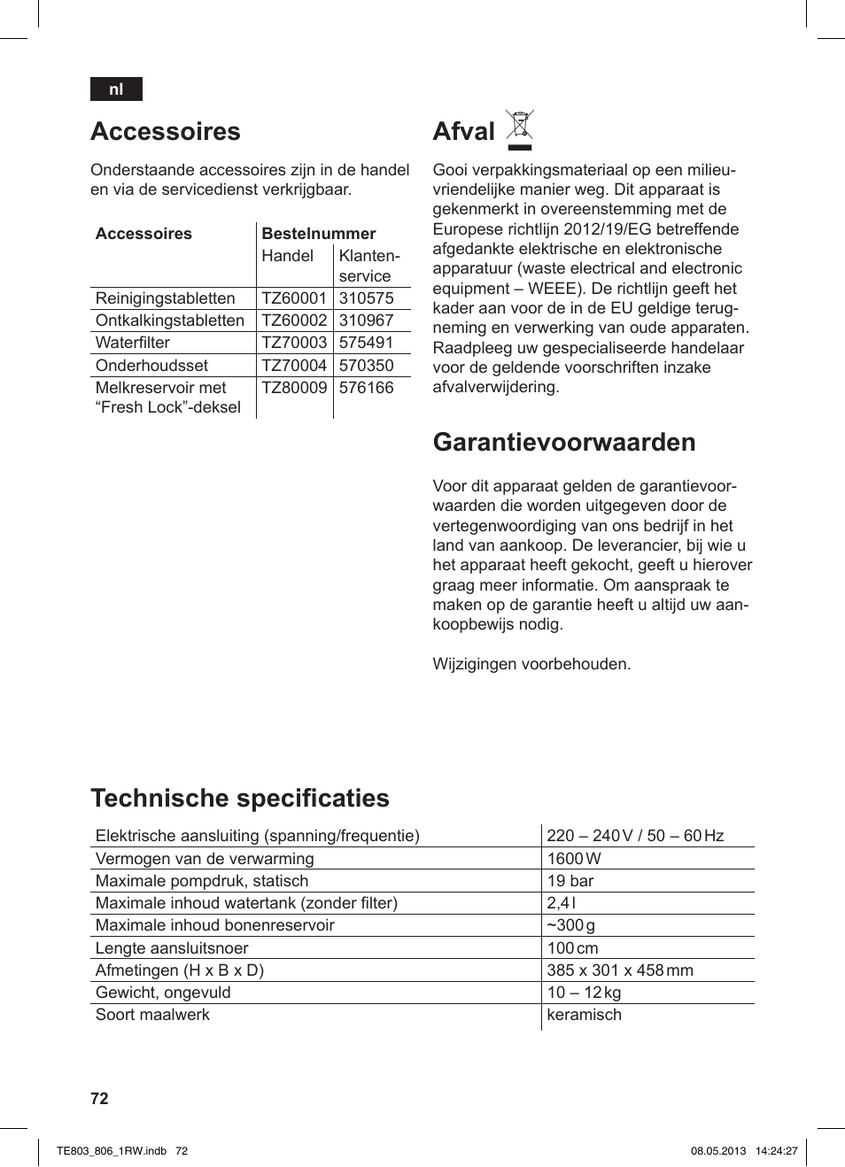 Technische specificaties, Accessoires, Afval | Garantievoorwaarden | Siemens TE803209RW User Manual | Page 76 / 160