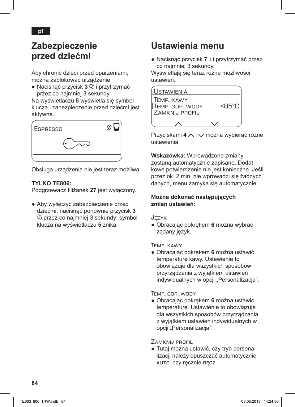 Zabezpieczenie przed dziećmi, Ustawienia menu | Siemens TE803209RW User Manual | Page 88 / 160