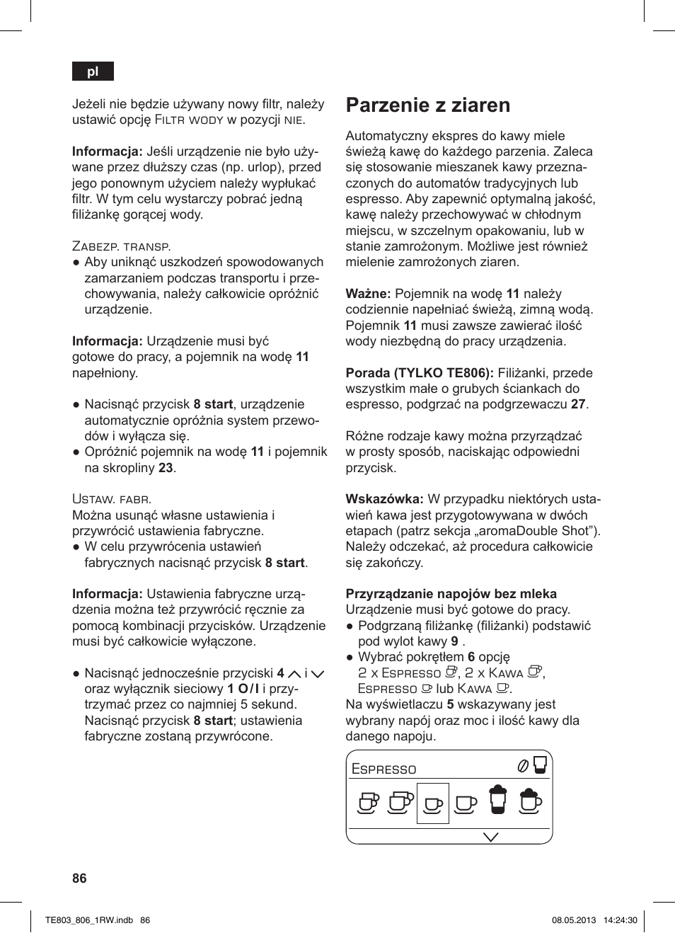 Parzenie z ziaren | Siemens TE803209RW User Manual | Page 90 / 160