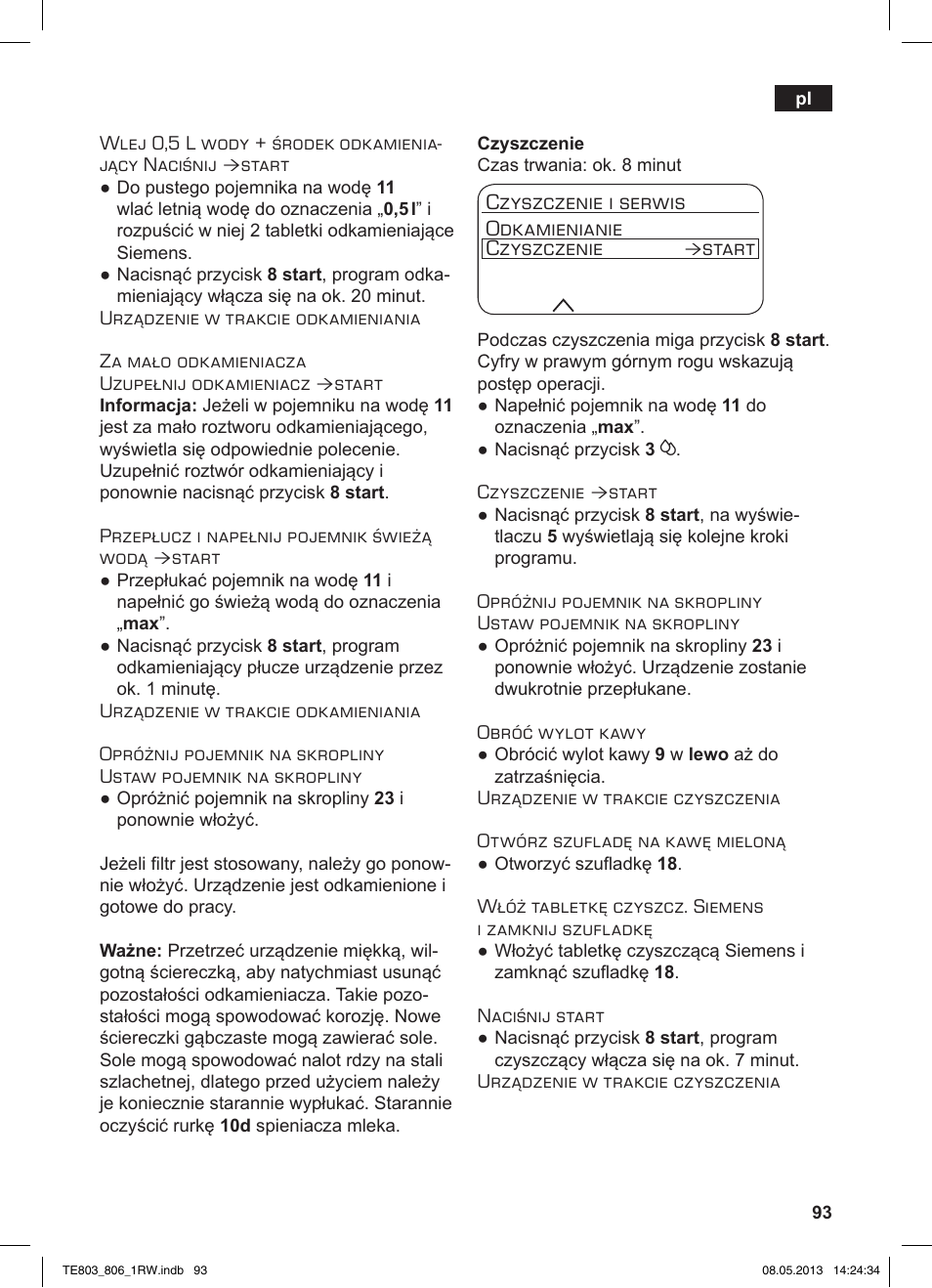 Czyszczenie i serwis odkamienianie czyszczenie, Start | Siemens TE803209RW User Manual | Page 97 / 160