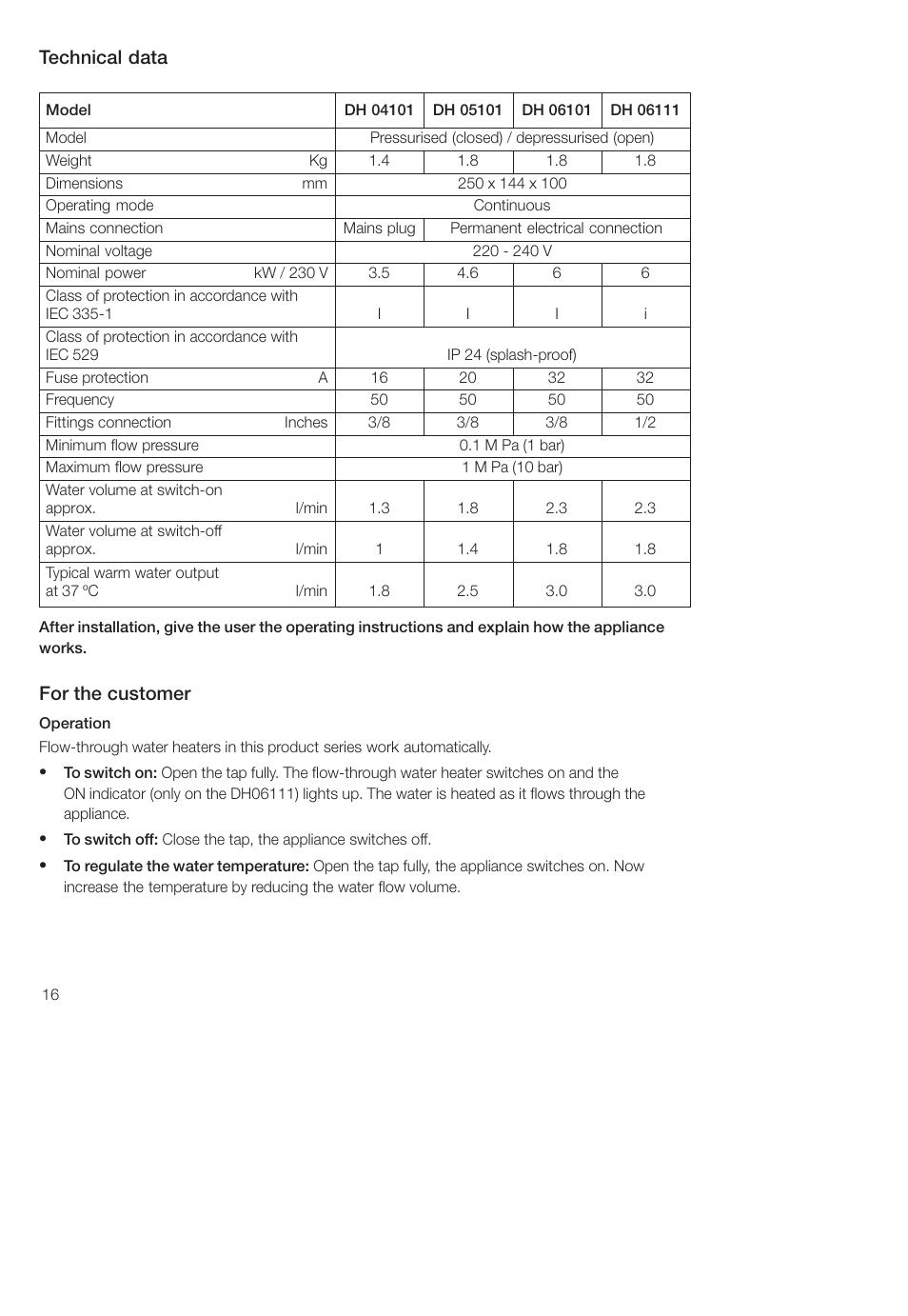 Technical data, For the customer | Siemens DH04101 User Manual | Page 16 / 52