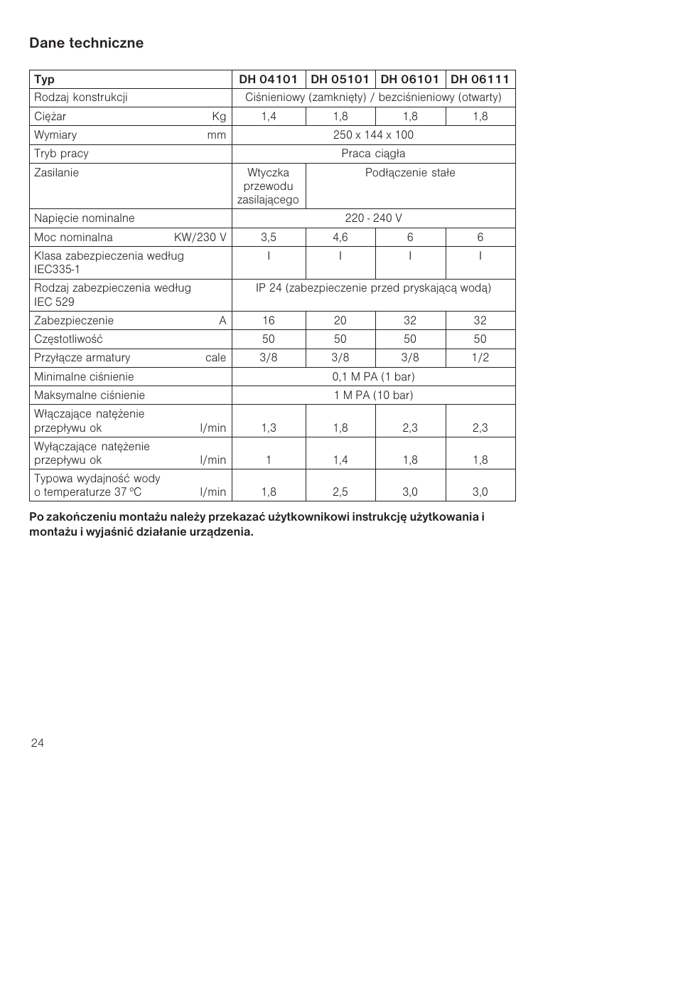Dane techniczne | Siemens DH04101 User Manual | Page 24 / 52