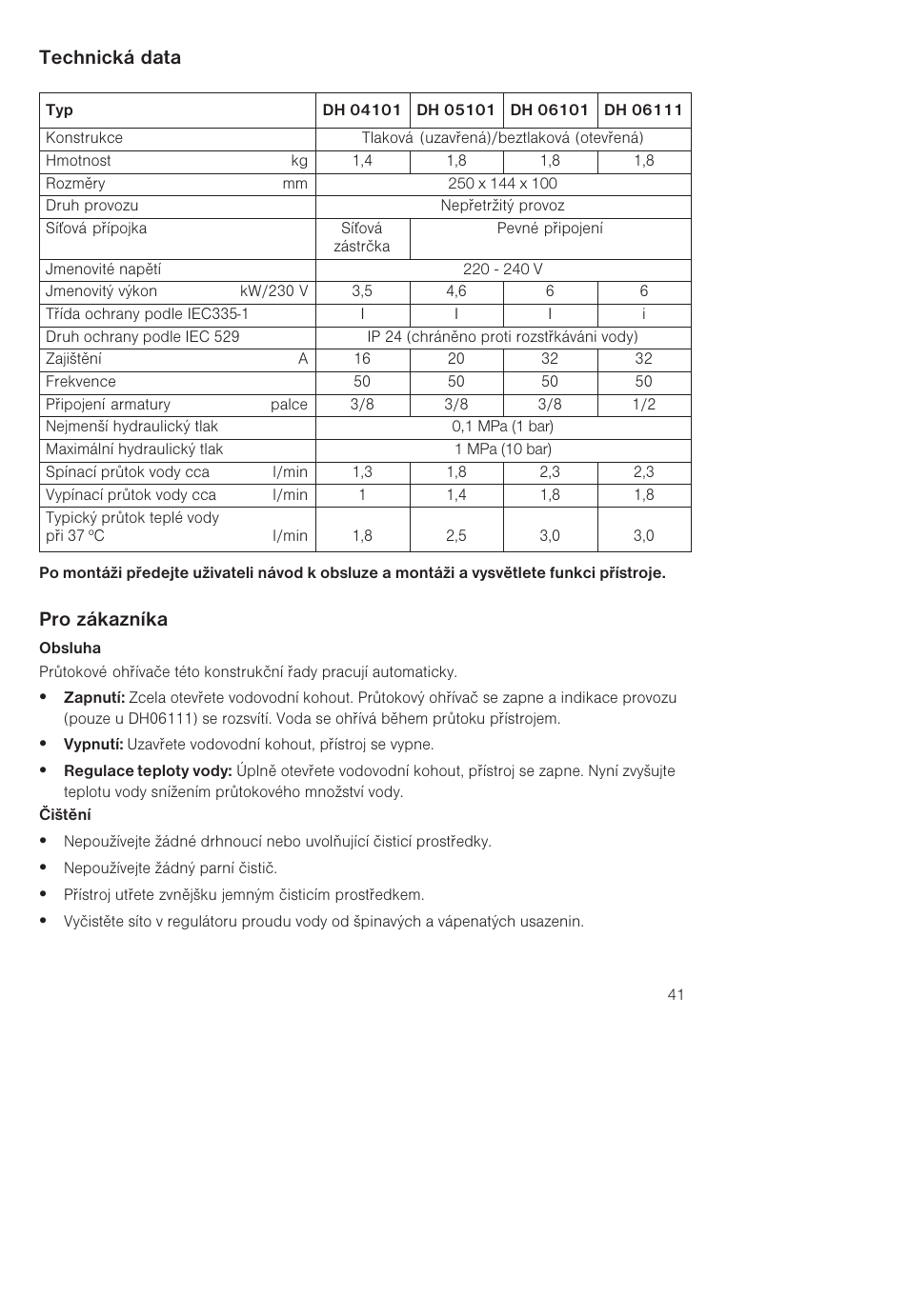 Technická data, Pro zákazníka | Siemens DH04101 User Manual | Page 41 / 52