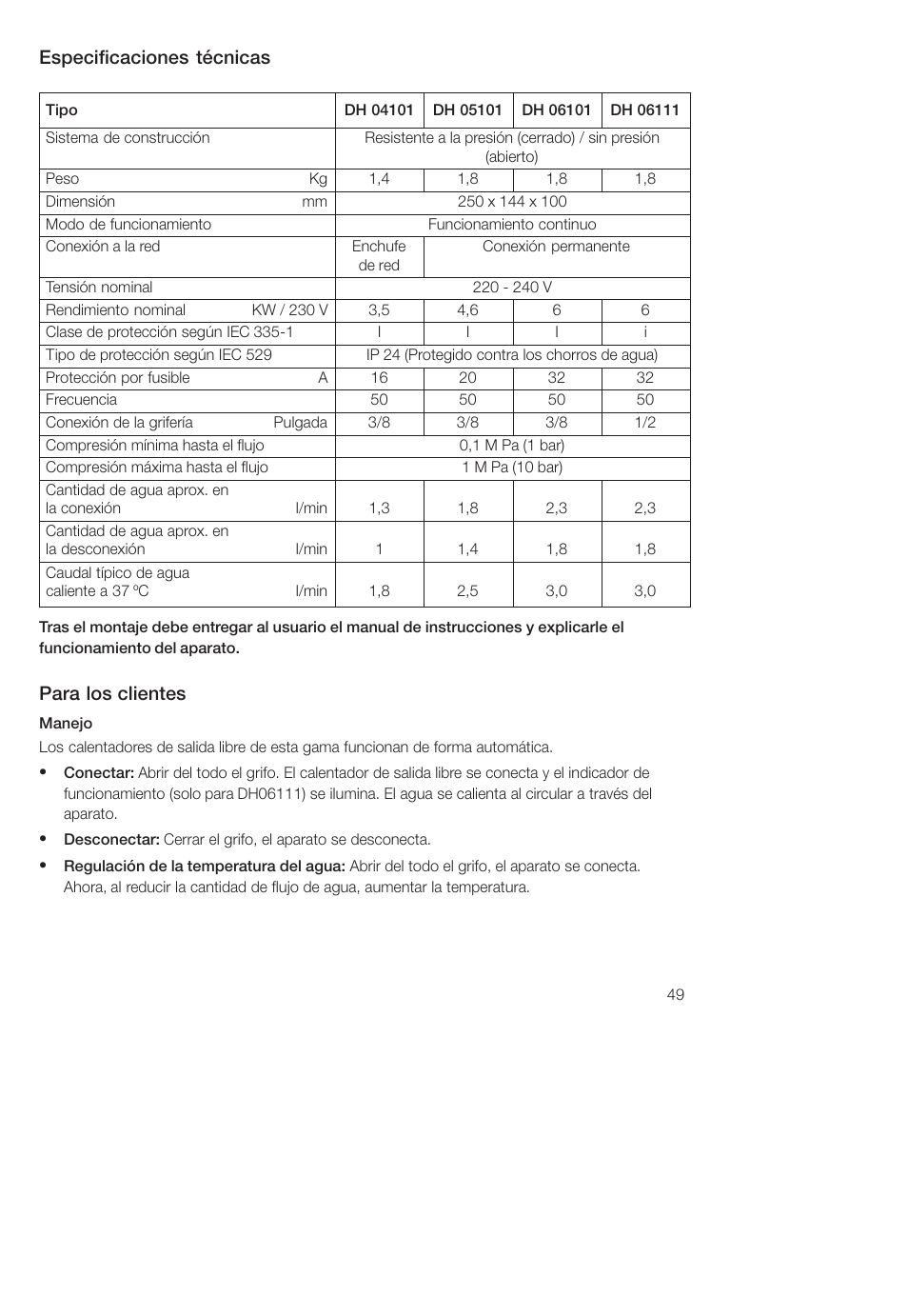 Especificaciones técnicas, Para los clientes | Siemens DH04101 User Manual | Page 49 / 52