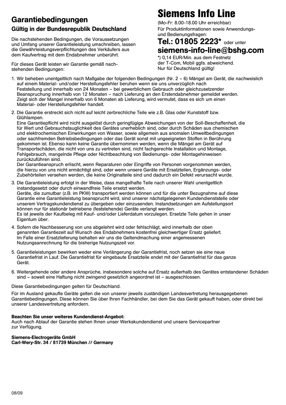 Siemens info line, Garantiebedingungen | Siemens DH04101 User Manual | Page 52 / 52