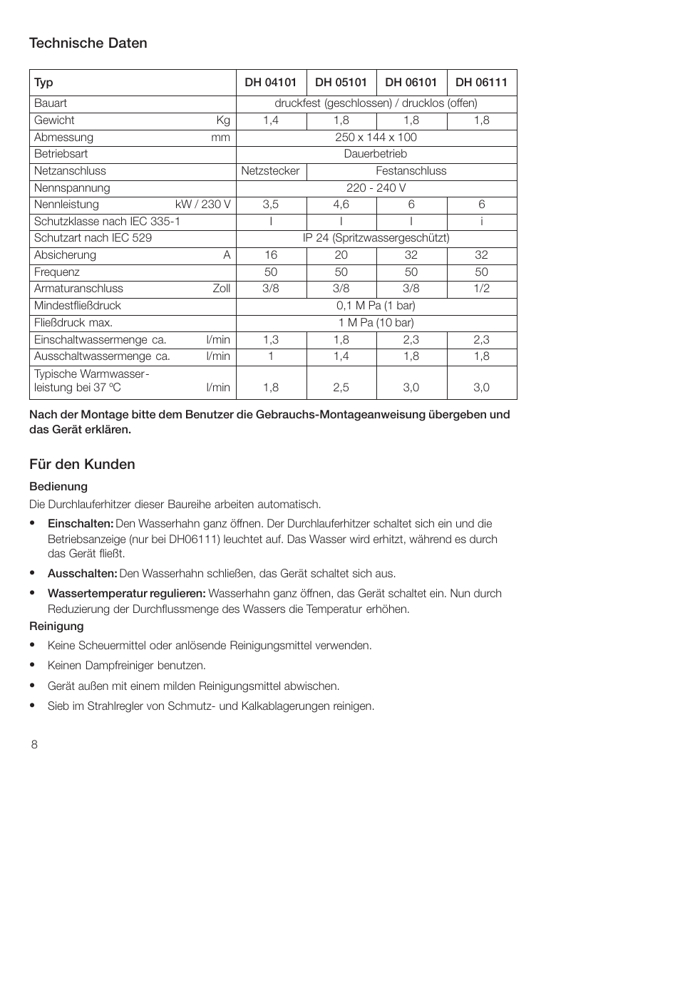 Technische daten, Für den kunden | Siemens DH04101 User Manual | Page 8 / 52