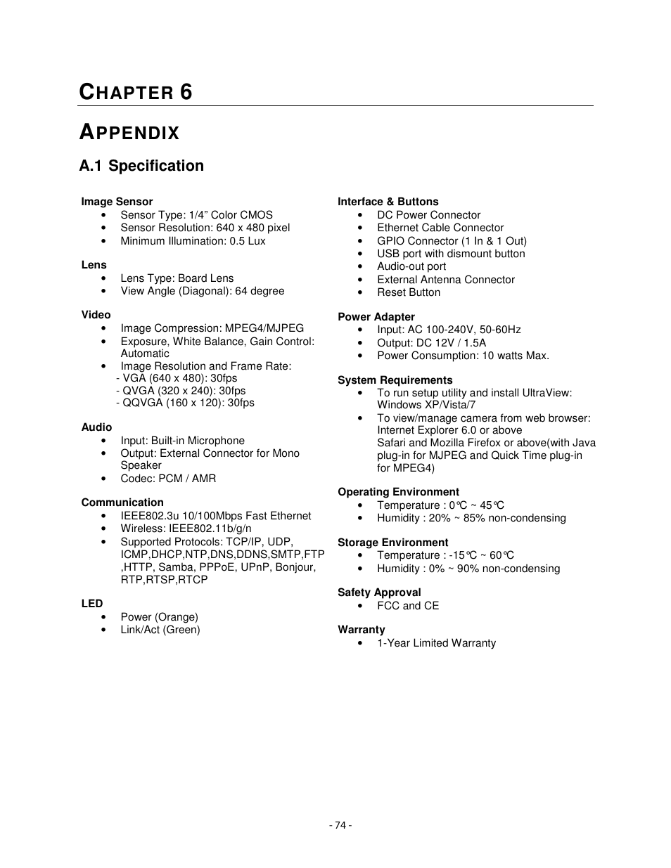 Hapter, Ppendix, A.1 specification | Airlink101 AICN1777W User Manual | Page 75 / 82