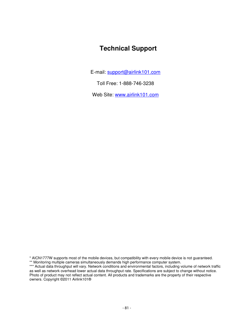 12 3 technical support | Airlink101 AICN1777W User Manual | Page 82 / 82