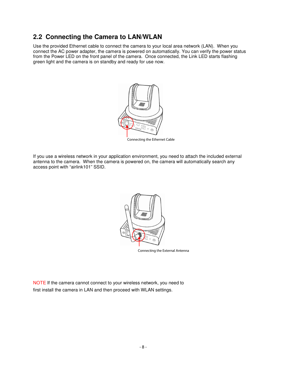 2 connecting the camera to lan/wlan | Airlink101 AICN1777W User Manual | Page 9 / 82