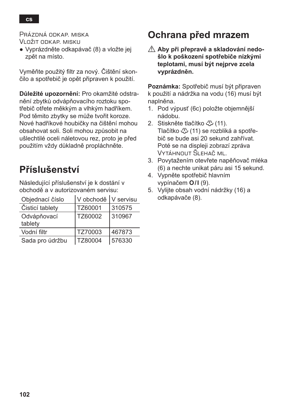 Příslušenství, Ochrana před mrazem | Siemens TE502206RW User Manual | Page 106 / 138