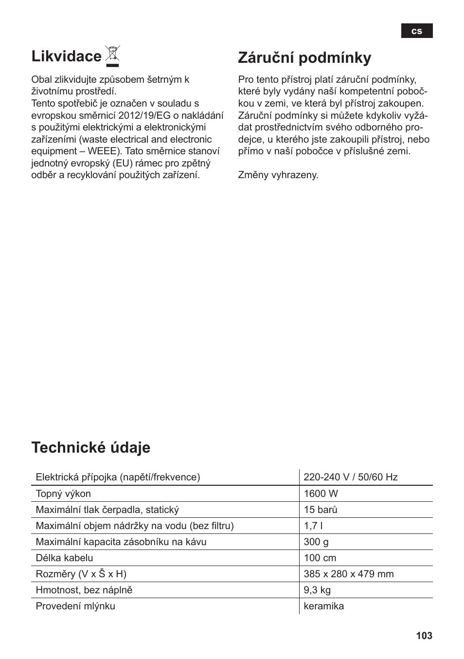 Likvidace, Záruční podmínky, Technické údaje | Siemens TE502206RW User Manual | Page 107 / 138