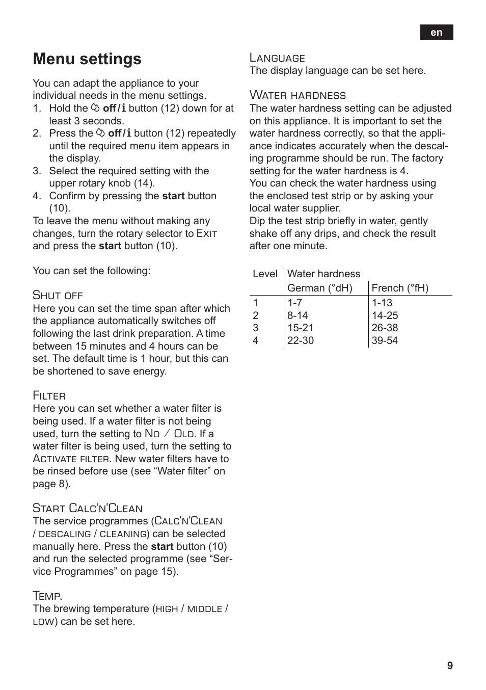 Menu settings, Shut off, Filter | Start calc‘n‘clean, Temp, Language, Water hardness | Siemens TE502206RW User Manual | Page 13 / 138