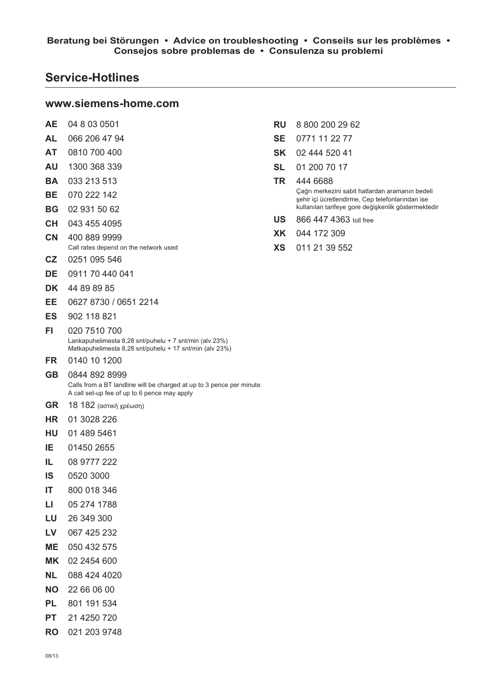 Service-hotlines | Siemens TE502206RW User Manual | Page 137 / 138