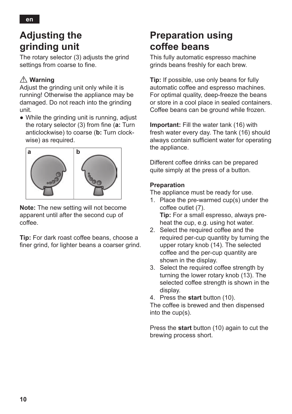 Adjusting the grinding unit, Preparation using coffee beans | Siemens TE502206RW User Manual | Page 14 / 138