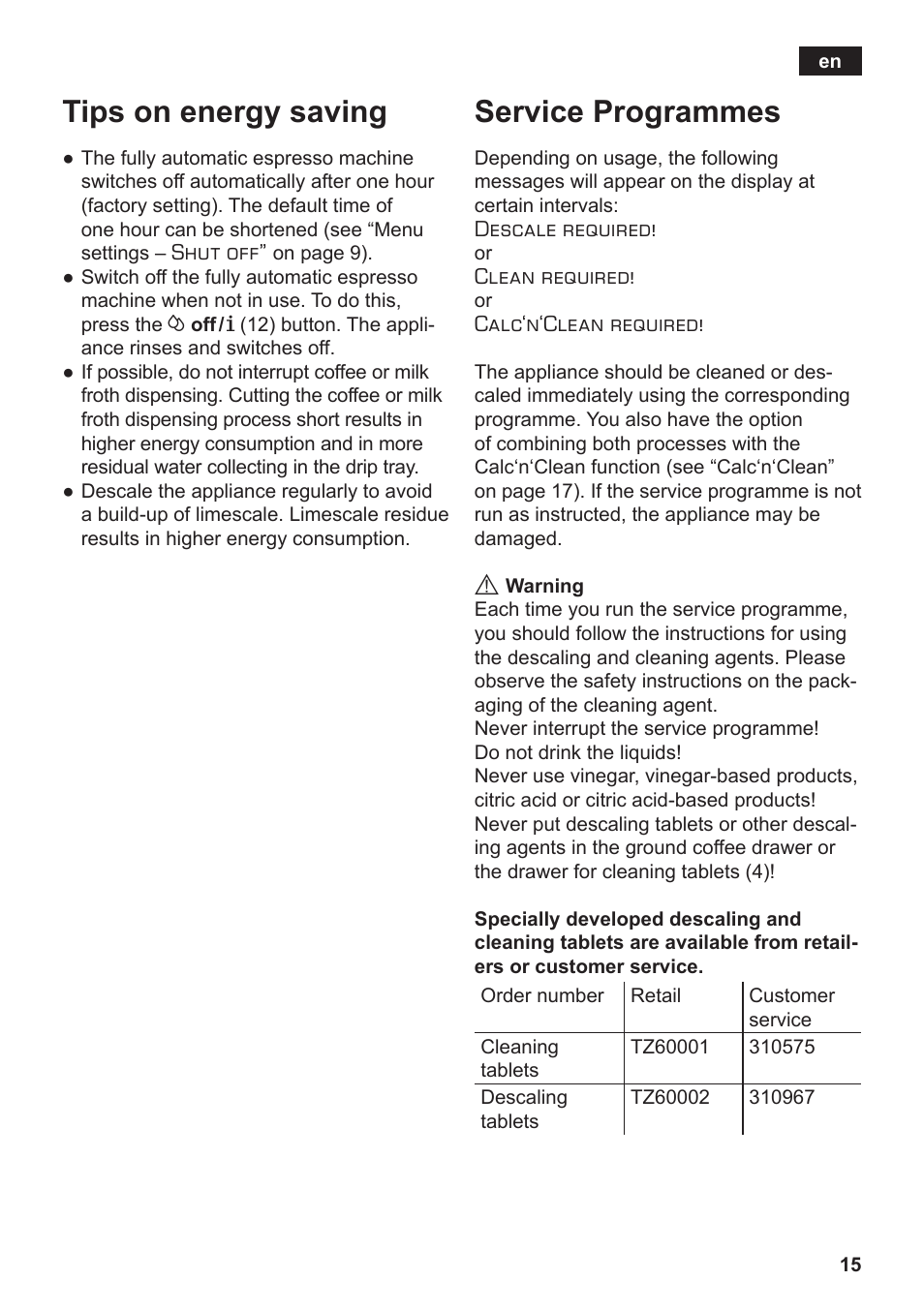 Tips on energy saving, Service programmes | Siemens TE502206RW User Manual | Page 19 / 138