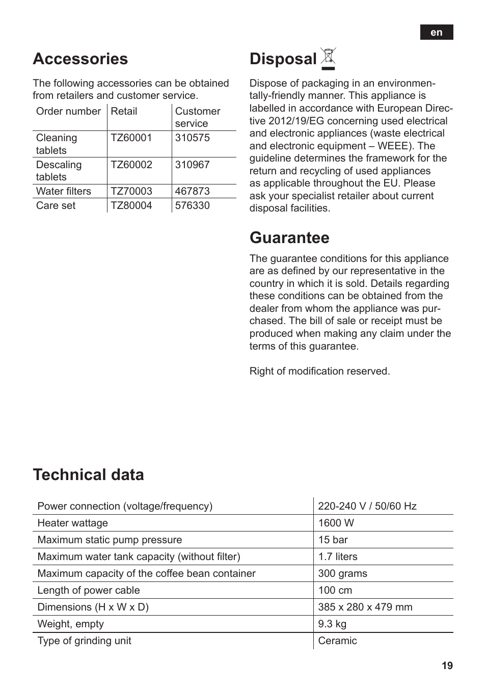 Accessories, Technical data, Disposal | Guarantee | Siemens TE502206RW User Manual | Page 23 / 138