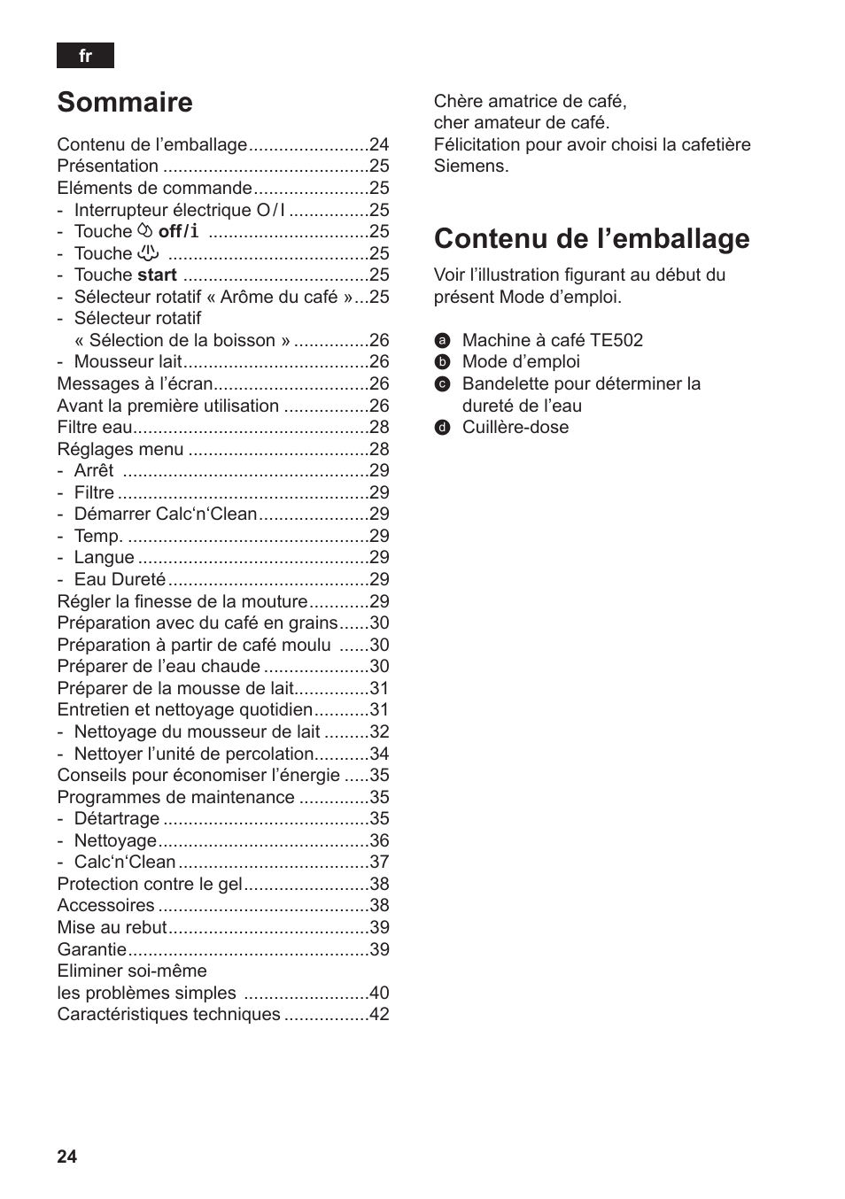 Contenu de l’emballage, Sommaire | Siemens TE502206RW User Manual | Page 28 / 138