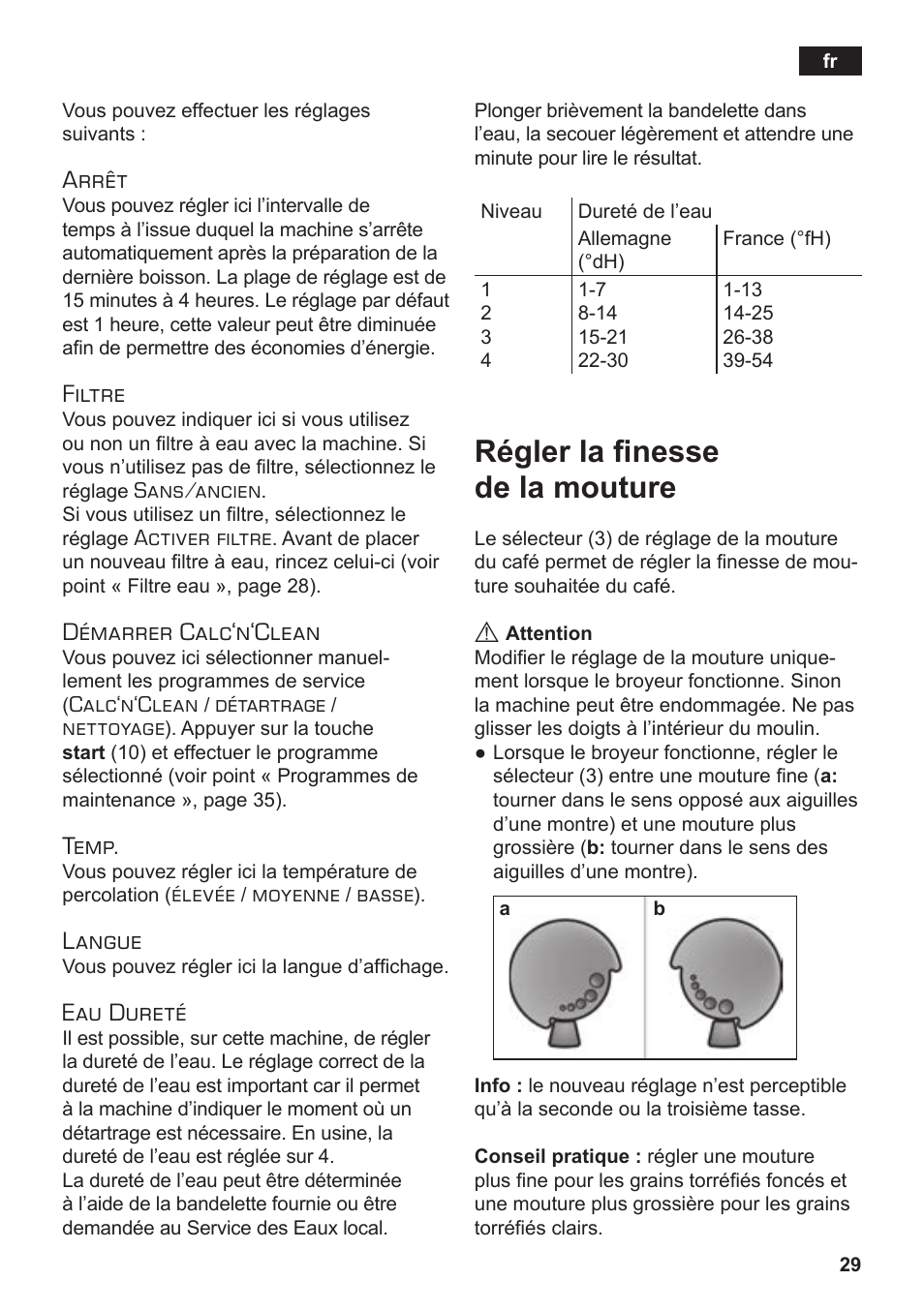 Régler la finesse de la mouture, Arrêt, Filtre | Démarrer calc‘n‘clean, Temp, Langue, Eau dureté | Siemens TE502206RW User Manual | Page 33 / 138