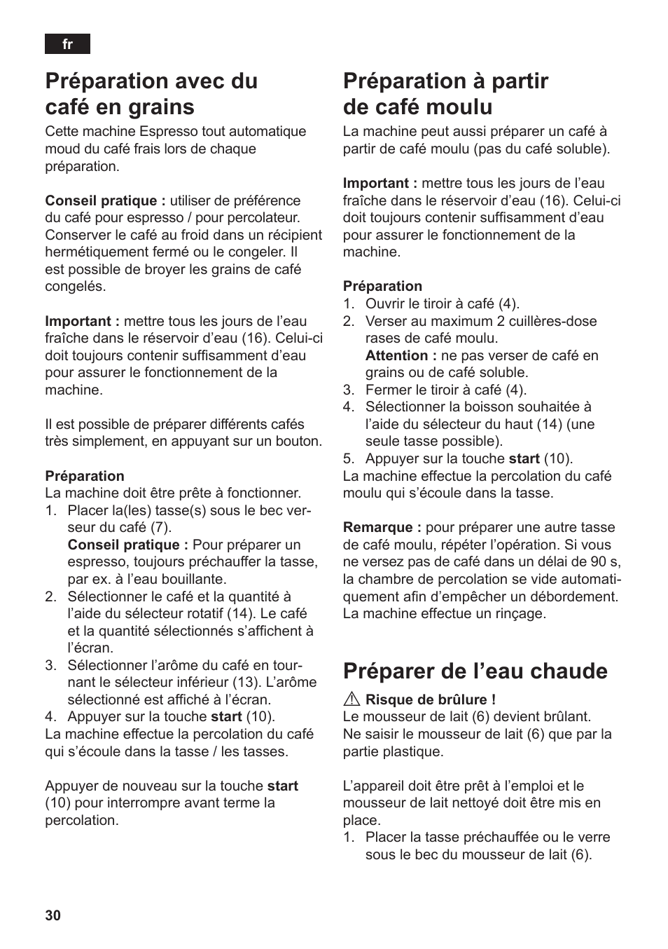 Préparation avec du café en grains, Préparation à partir de café moulu, Préparer de l’eau chaude | Siemens TE502206RW User Manual | Page 34 / 138