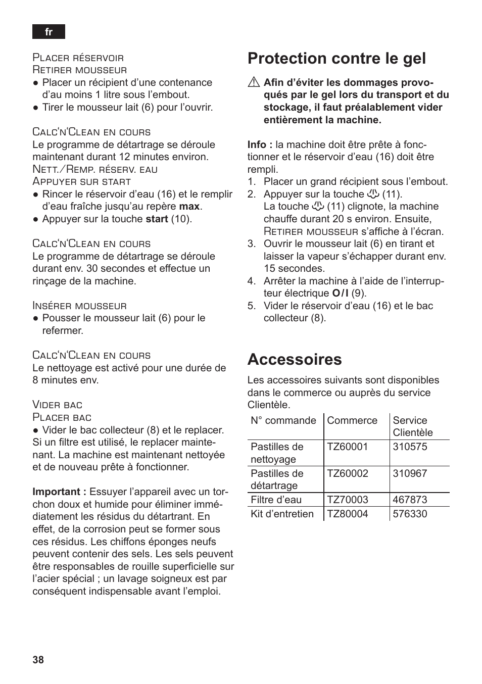 Protection contre le gel, Accessoires | Siemens TE502206RW User Manual | Page 42 / 138