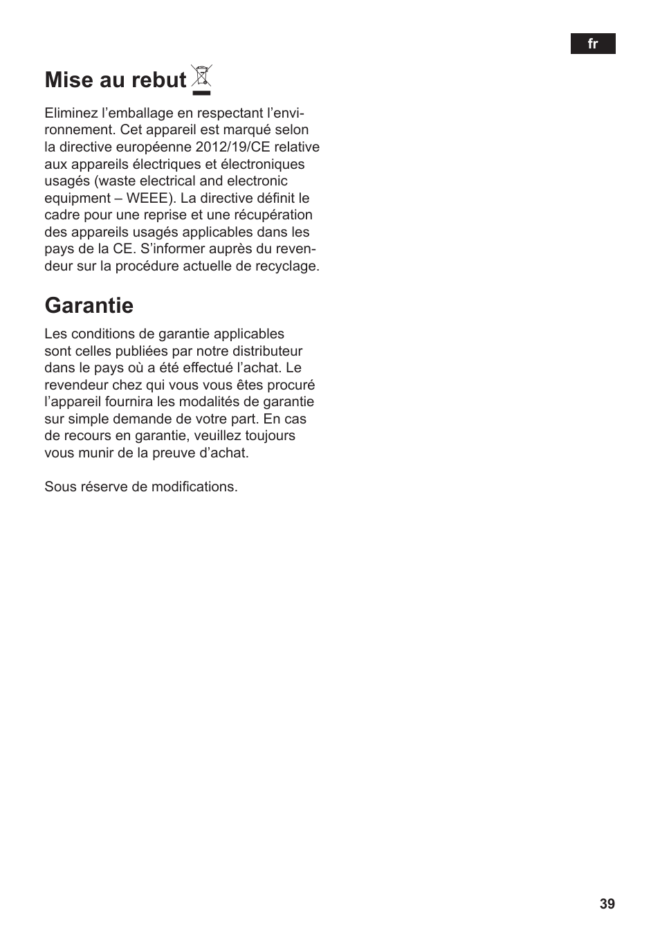 Mise au rebut, Garantie | Siemens TE502206RW User Manual | Page 43 / 138