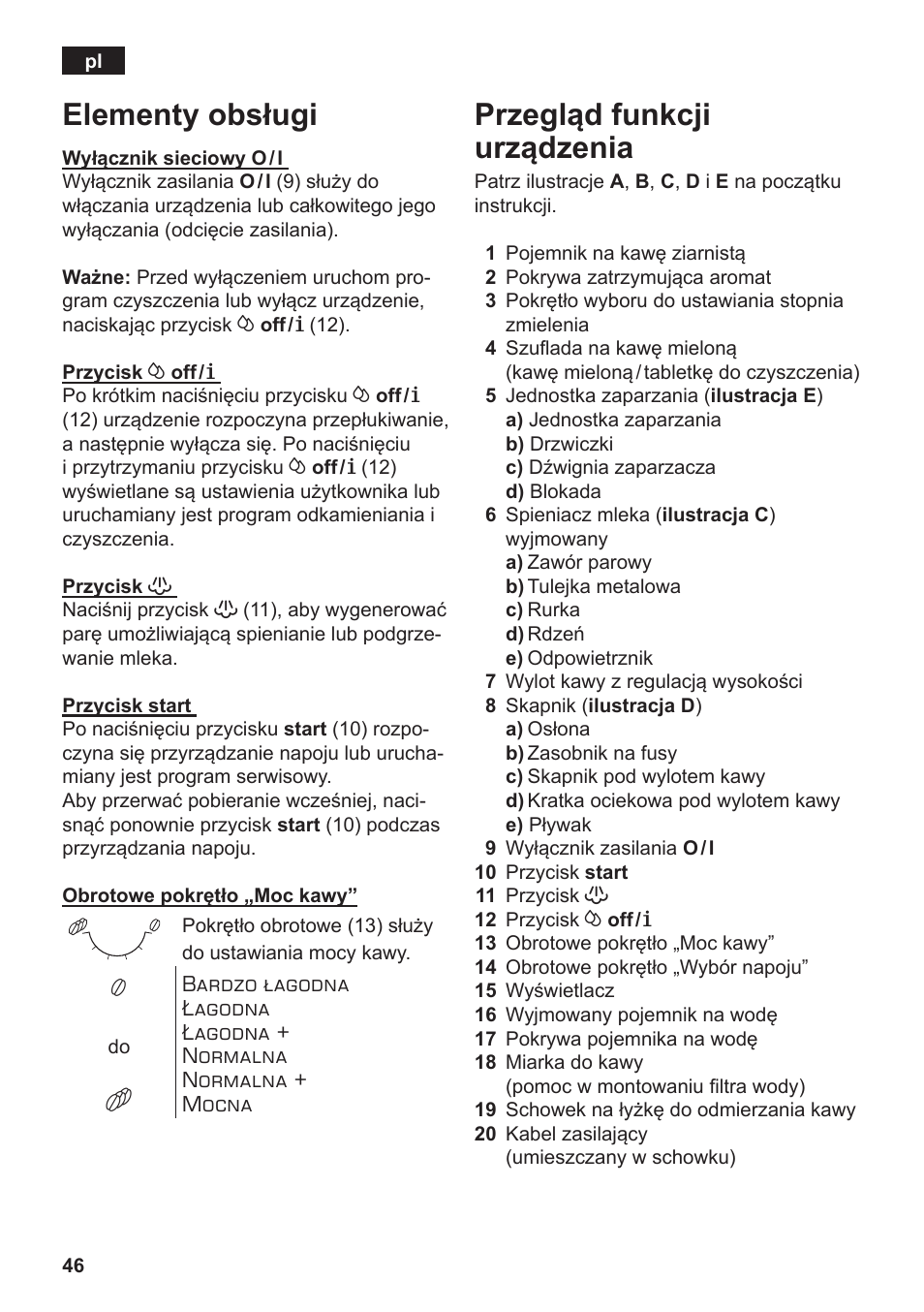 Elementy obsługi, Przegląd funkcji urządzenia | Siemens TE502206RW User Manual | Page 50 / 138