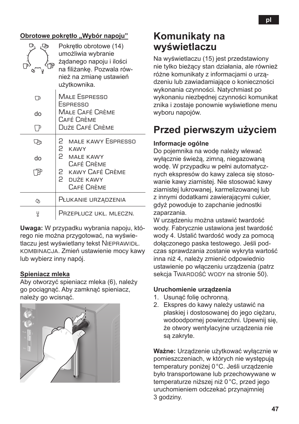 Komunikaty na wyświetlaczu, Przed pierwszym użyciem | Siemens TE502206RW User Manual | Page 51 / 138