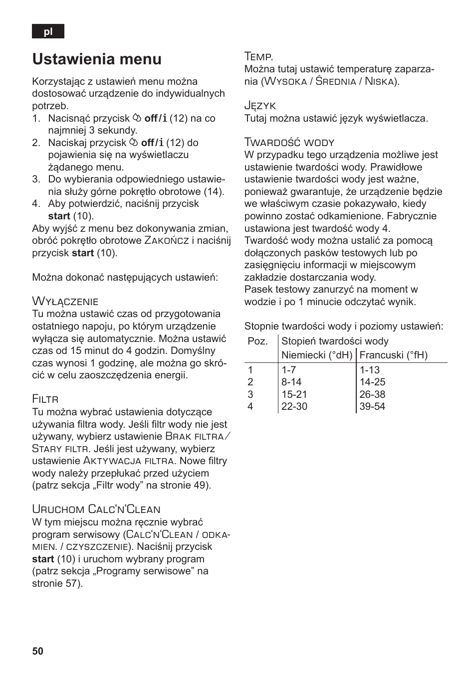 Ustawienia menu, Wyłączenie, Filtr | Uruchom calc‘n‘clean, Temp, Język, Twardość wody | Siemens TE502206RW User Manual | Page 54 / 138