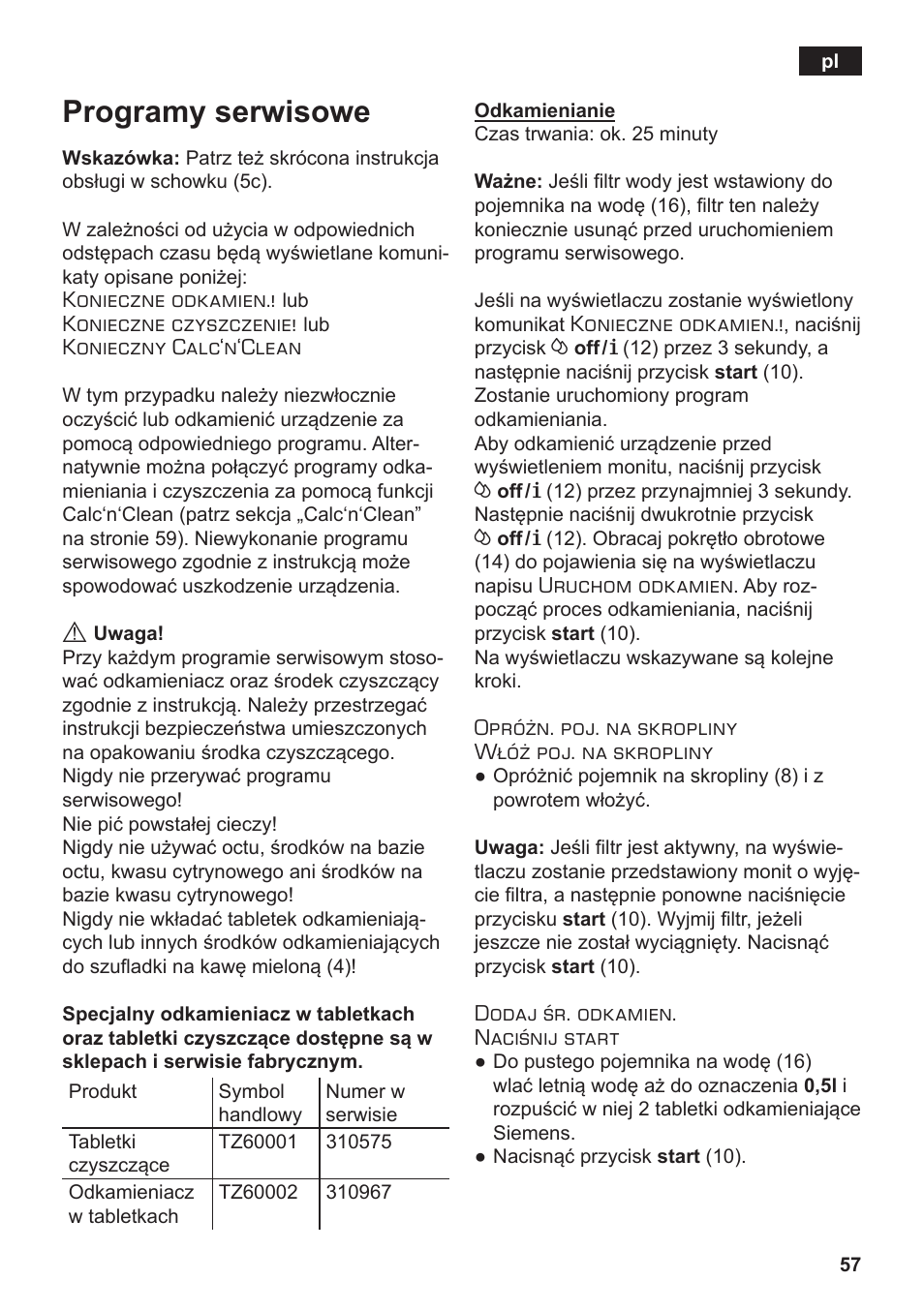 Programy serwisowe | Siemens TE502206RW User Manual | Page 61 / 138