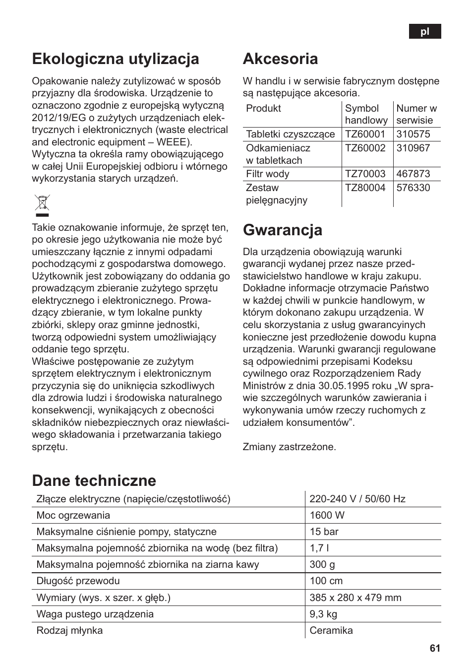 Ekologiczna utylizacja, Akcesoria, Gwarancja | Dane techniczne | Siemens TE502206RW User Manual | Page 65 / 138