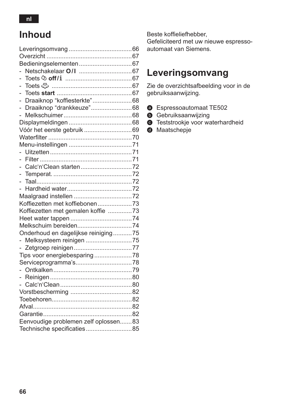 Leveringsomvang, Inhoud | Siemens TE502206RW User Manual | Page 70 / 138