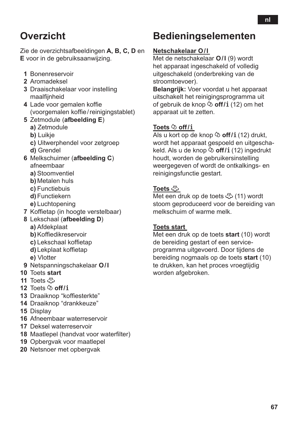 Bedieningselementen, Overzicht | Siemens TE502206RW User Manual | Page 71 / 138