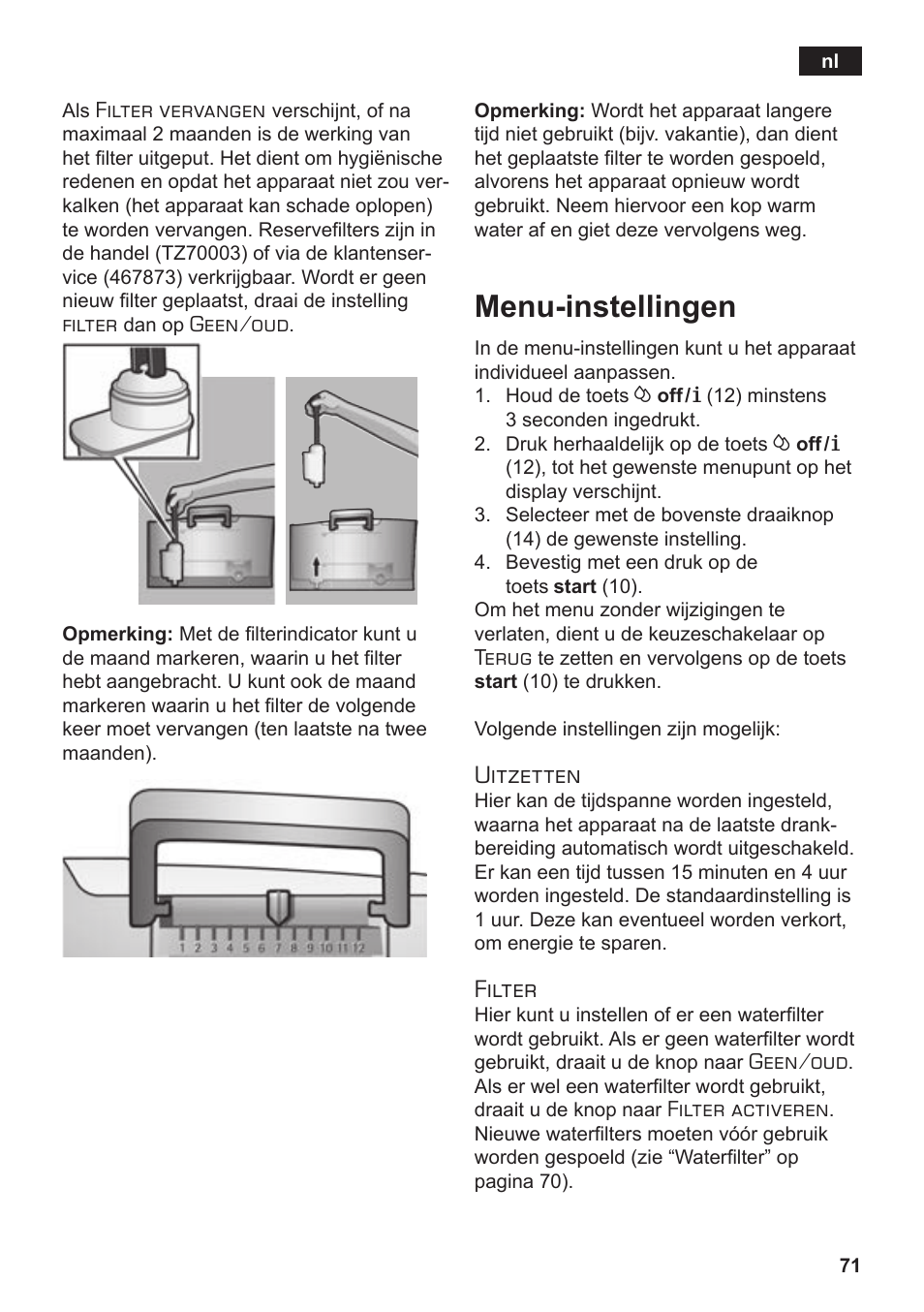 Menu-instellingen, Uitzetten, Filter | Siemens TE502206RW User Manual | Page 75 / 138