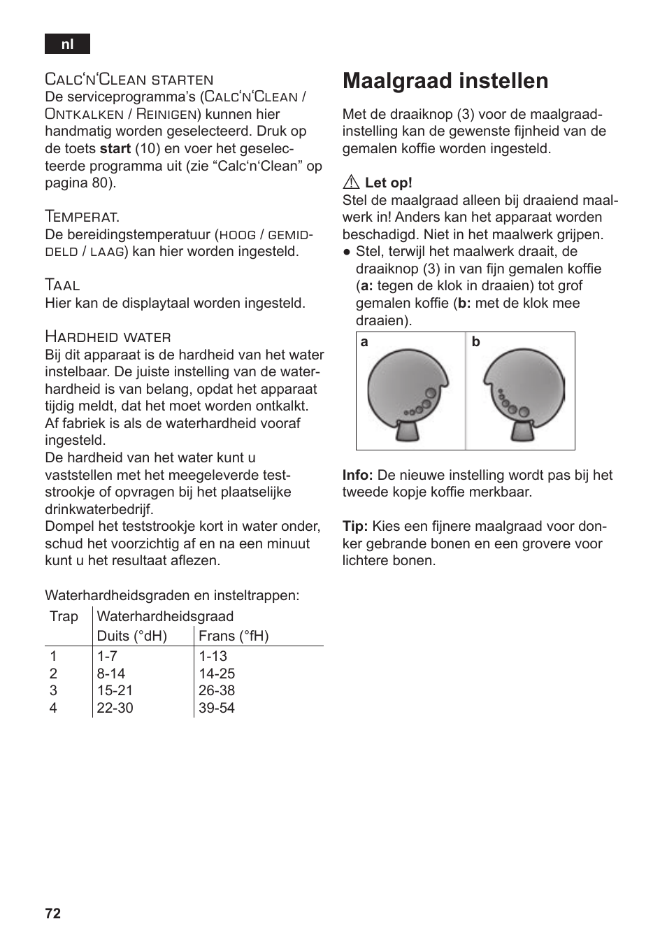 Maalgraad instellen, Calc‘n‘clean starten, Temperat | Taal, Hardheid water | Siemens TE502206RW User Manual | Page 76 / 138