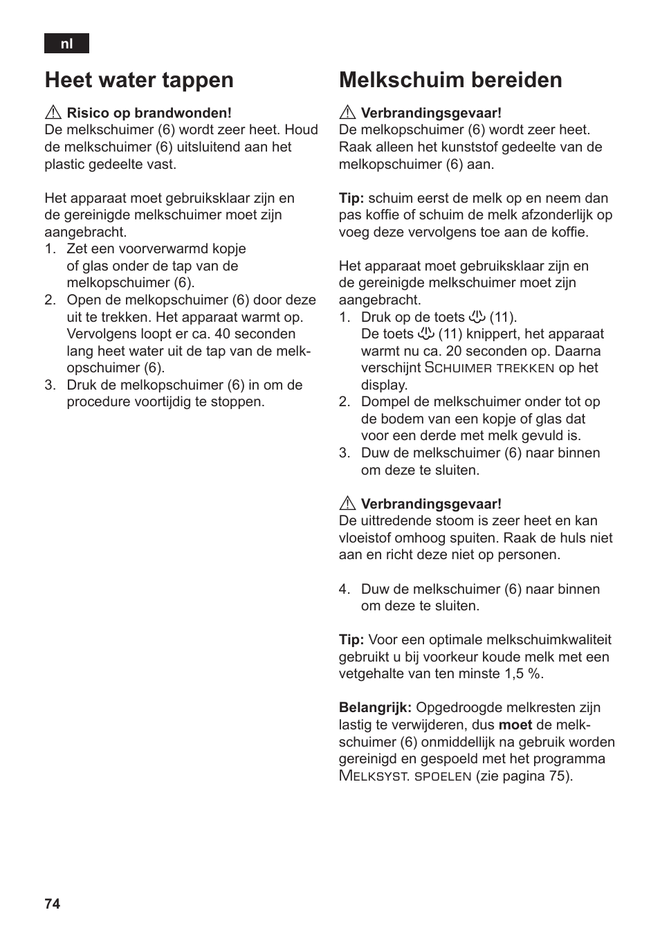 Heet water tappen, Melkschuim bereiden | Siemens TE502206RW User Manual | Page 78 / 138