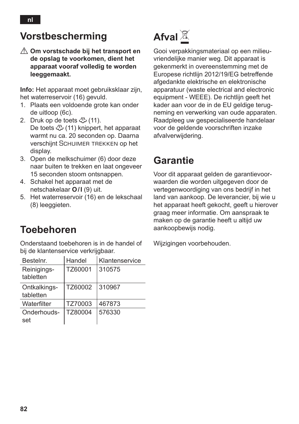 Vorstbescherming, Toebehoren, Afval | Garantie | Siemens TE502206RW User Manual | Page 86 / 138