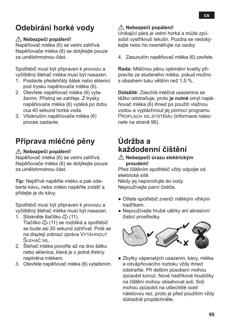 Odebírání horké vody, Příprava mléčné pěny, Údržba a každodenní čištění | Siemens TE502206RW User Manual | Page 99 / 138