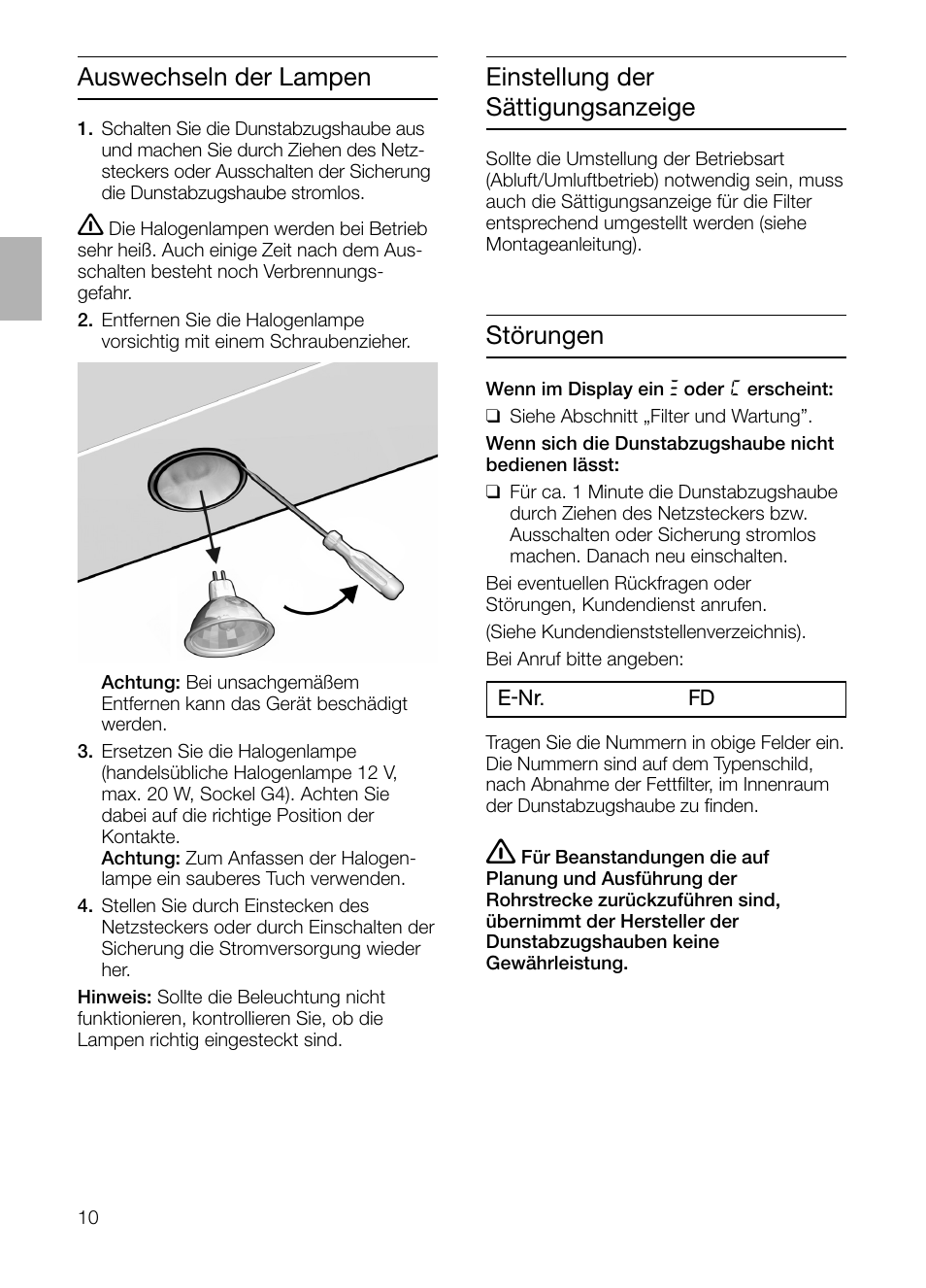 Auswechseln der lampen, Einstellung der sättigungsanzeige, Störungen | Siemens LF457CA60 User Manual | Page 10 / 108