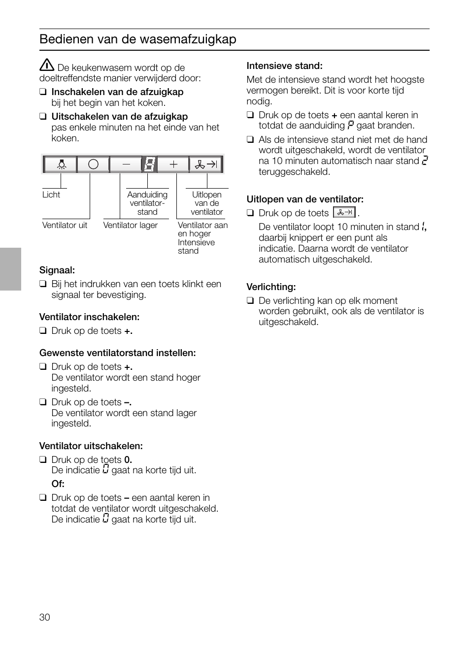 Bedienen van de wasemafzuigkap | Siemens LF457CA60 User Manual | Page 30 / 108