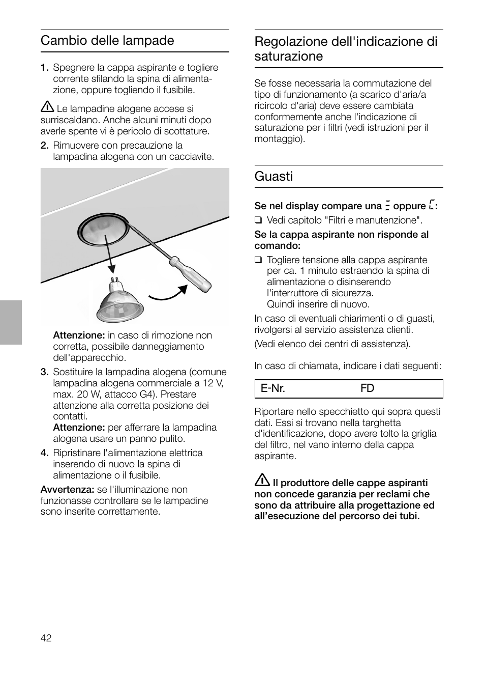 Cambio delle lampade guasti, Regolazione dell'indicazione di saturazione | Siemens LF457CA60 User Manual | Page 42 / 108